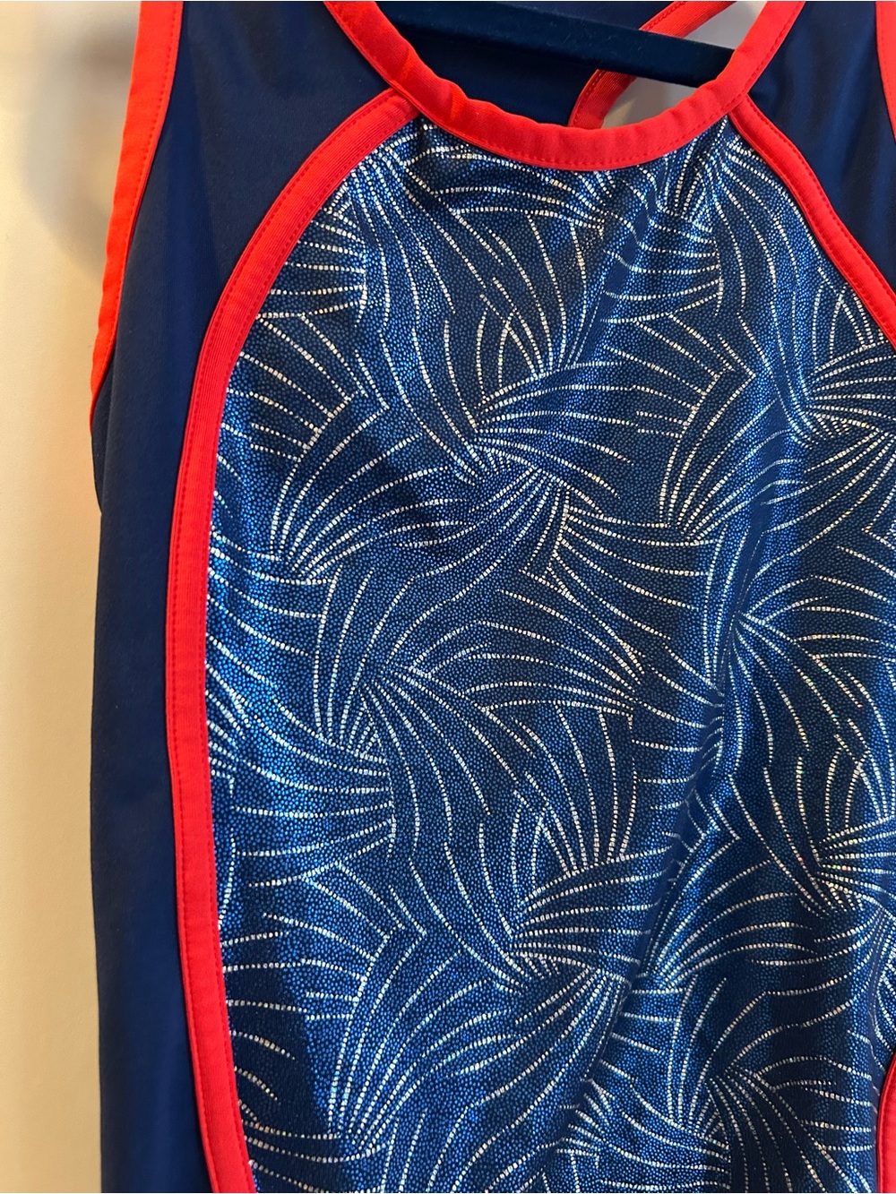 Danskin Navy Dance Leotard with Red Trim and Sparkle detail - Size M (7/8) - Picture 3 of 8